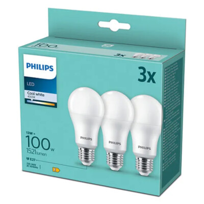 Set of 3 PHILIPS E27 LED Bulbs A60 13W Like 100W 4000K Neutral White Light