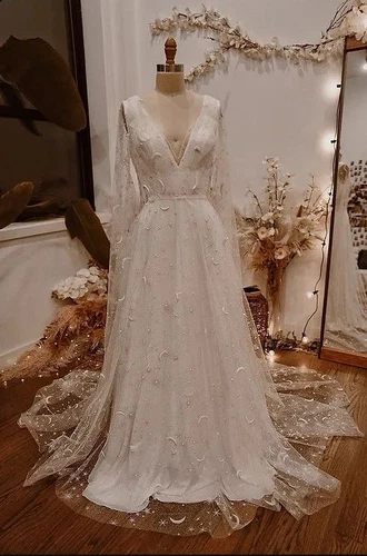 Stardust Glitter Star Celestial Wedding Dress Sparkle Star Dress Stars Moons - Picture 2 of 6