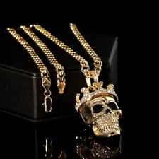 King Skull Pendant Iced Cubic Zirconia Hip-Hop 30"/24" Cuban Chain Gold Plated