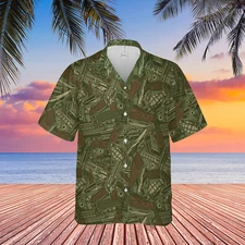 Military Green Camo Guns And Grenade HAWAIIAN Short Sleeve Button Men Shirt
