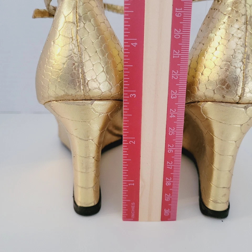 Zapatos de salón Hollywould Lolita dorados con cuña punta abierta cuero de reptil Italia mujeres 37,5 nuevos Foto 2 de 4