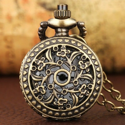 Old Fashion Hollow Out Flower Cover Necklace Chain Unisex Quartz Pocket Watch - Picture 2 of 8