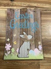 Easter Greetings Wooden Hanging Plaque Sign Wall Decor 13.5 X 9.5" GLITTER Metal