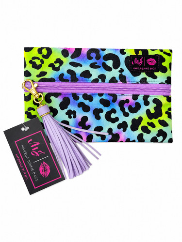 Makeup Junkie Neon Leopard Cosmetic Pouch in MultiColor with Purple Tassel