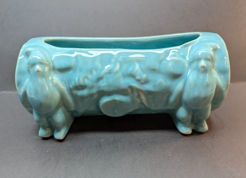 Vintage HTF Turquoise McCoy Planter Log with Gnomes and Florals Glossy 8.5 Inch