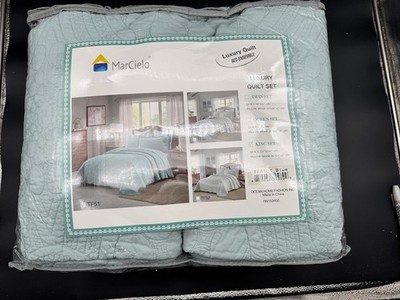 MarCielo King Luxury Quilt Set Blue TF51 Bed Ensemble 3pc New in Bag Ocean Home