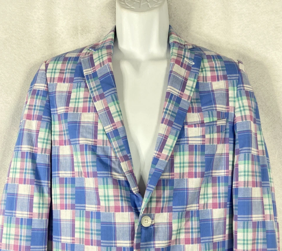 Izod Jacket Youth 18 Regular Blue Pink Plaid 100% Cotton Sport Coat Patch Work - Image 2 of 4