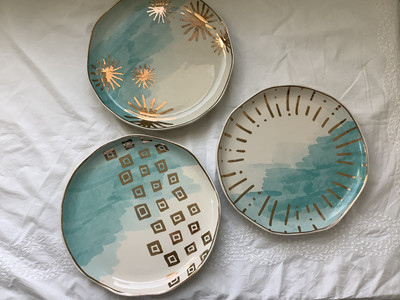 American Atelier Soirée Teal/gold Plates (3) Stoneware MCM Style 8.5  Diameter