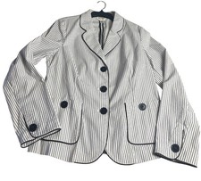 Talbots Womens Cotton-Blend Striped Blazer 12 Black White Button Front Stretch