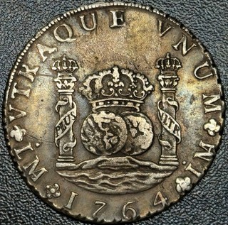 8 Reales 1764LM Carlo III moneta coloniale fresata (corone di Ercole) Perù rara