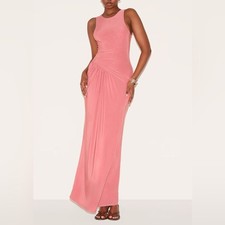 Prettylittlething blush rose double layer drop waist rouched maxi dress size 4