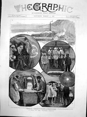Antiker alter Druck Besuch Kanaltunnel Oberflächenarbeiten Shakespeares Klippe 1882