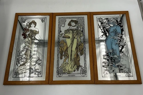 Set of 3 Art Seasons Mirror Paintings Alphonse Mucha Spring, Autumn & Summer Vtg