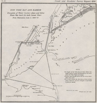NEW YORK BAY/HARBOR.Wasserstand v mittlerer Meeresspiegel 10. Mondstunde.USCGS 1889 Karte
