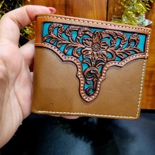 Western Mens wallet Western GENUINE LEATHER Short Lasercut Layered Tan Teal