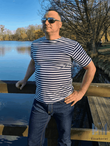 T-shirt marinaio blu scuro a righe manica corta Telnyashka Тельняшка (XL) - Foto 5 di 6