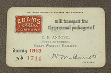 1913 Adams Express Company Pass C.E. Angove Great Western Railway