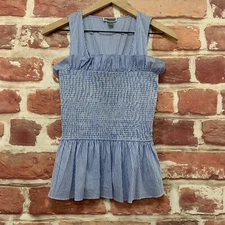 Chelsea 28 Top Womens Small Blue White Striped Ruffle Smocked Sleeveless Blouse