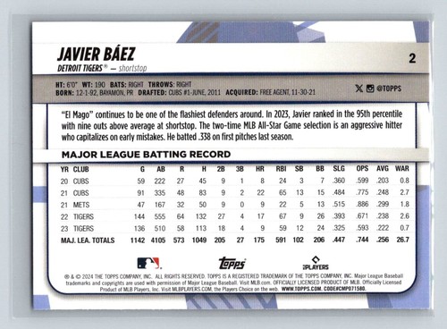 2024 Topps Big League Baseball Card #2 Javier Báez Detroit Tigers - Picture 2 of 2
