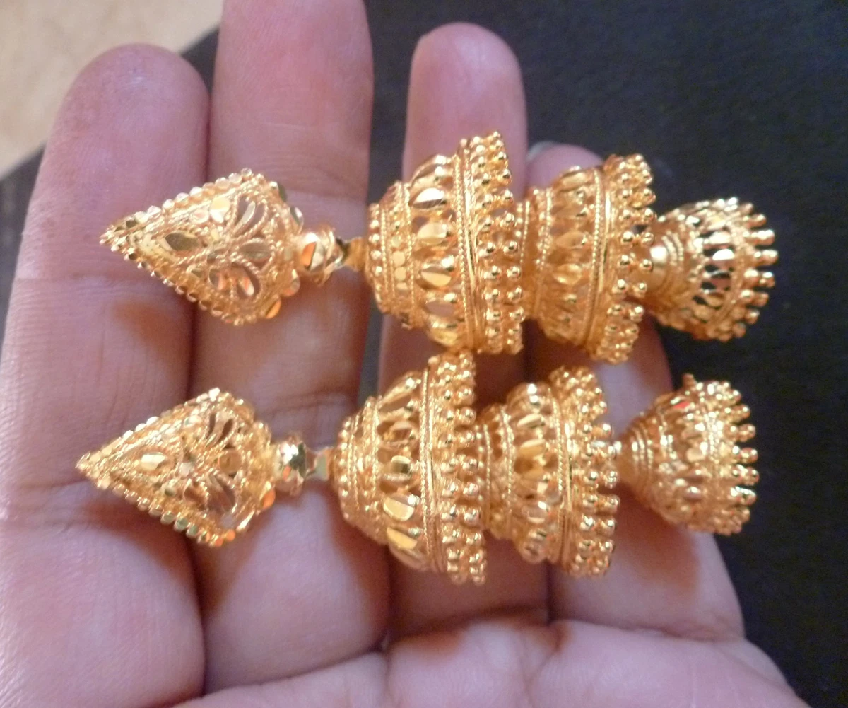 22K Gold Plated 3 Steps Indian Bridal Party Jhumka Jhumki Earrings Set