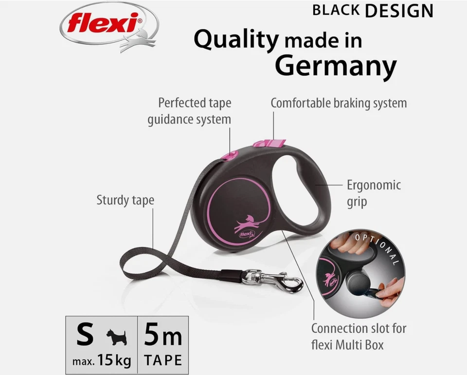 Fita de design preta flexível rosa retrátil coleira/chumbo para cães de até 33 lb 16 pés - Imagem 2 de 4