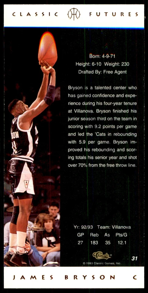 1993-94 Classic Futures James Bryson Basketball Cards #31 - Image 2 of 2