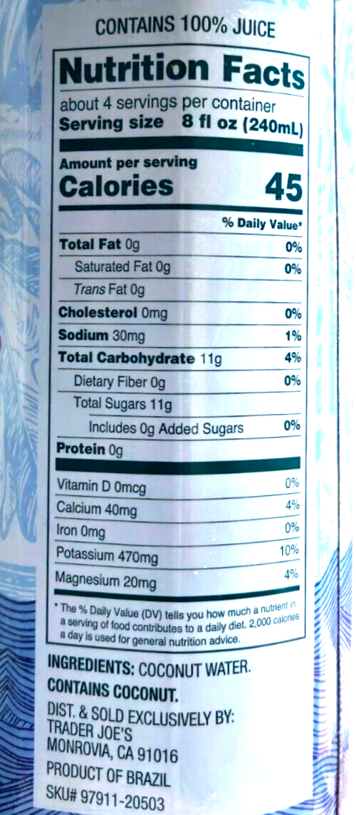 Trader Joe's Brazilian Coconut Water (not from concentrate) 33.8 FL oz ea-6  pack | eBay