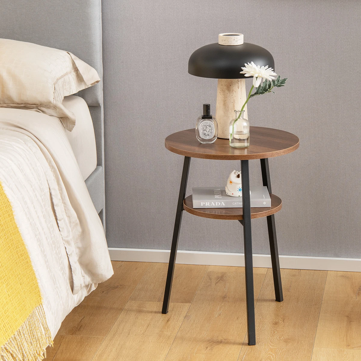 2 Tier Round Nightstand Bedside End Table for Bedroom Living Room