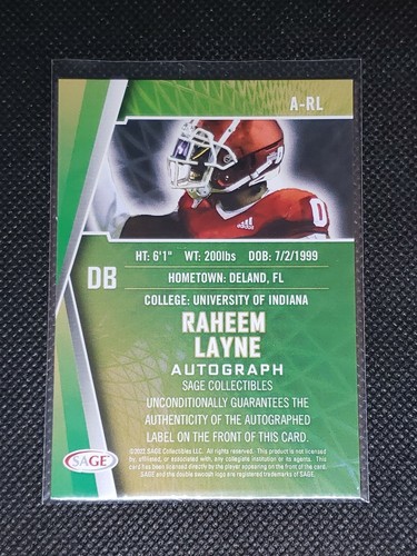 2021 Sage Hit Football RAHEEM LAYNE RC #A-RL AUTO ROOKIE CARD Indiana Hoosiers - Picture 2 of 2