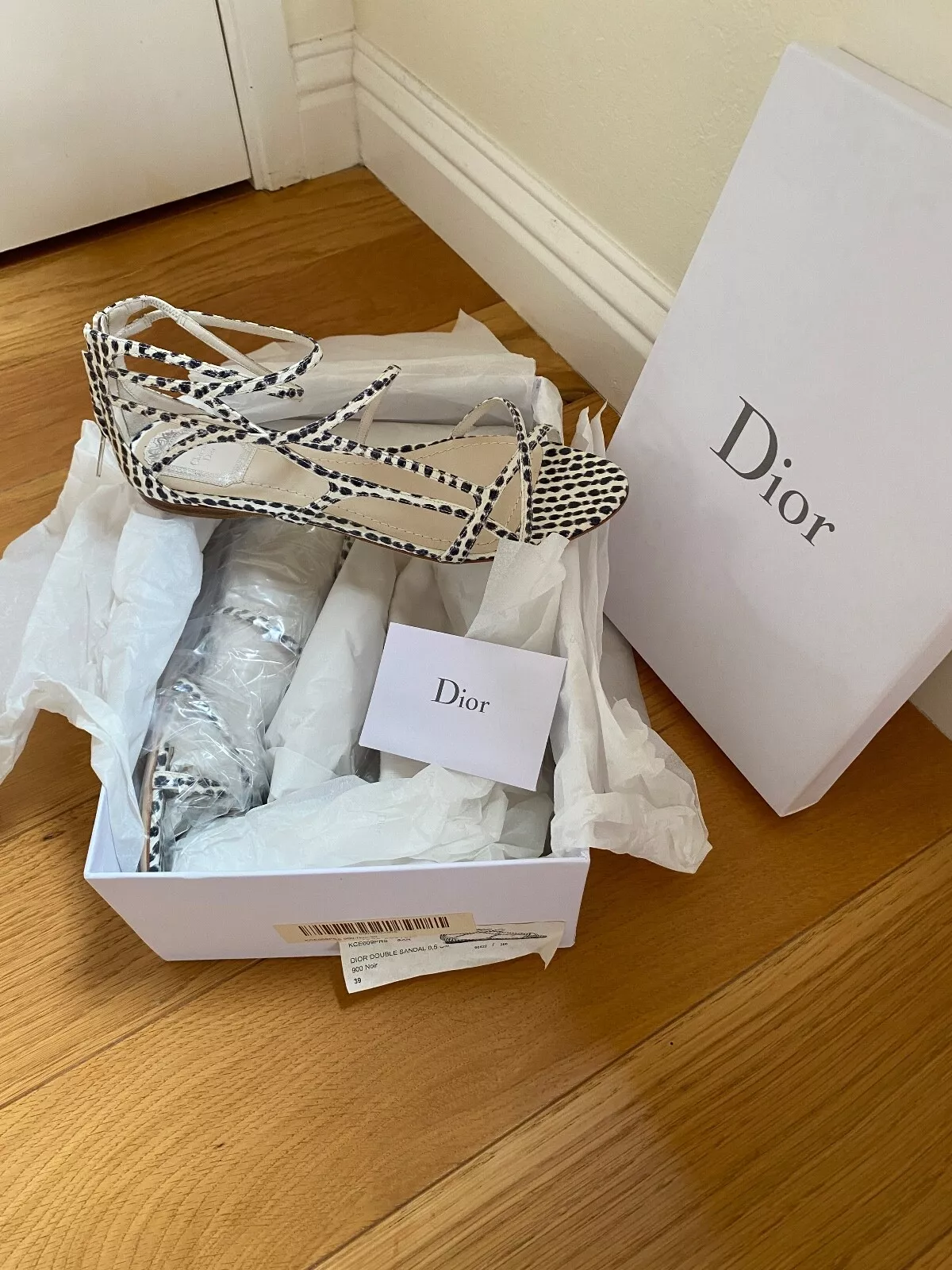 Sandales doubles lanières Dior motif exotique crème noire taille 9/eu 39