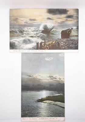 Night on Lagoon & Windy Morning on Lake Michigan Chicago IL Postcards Used c1907