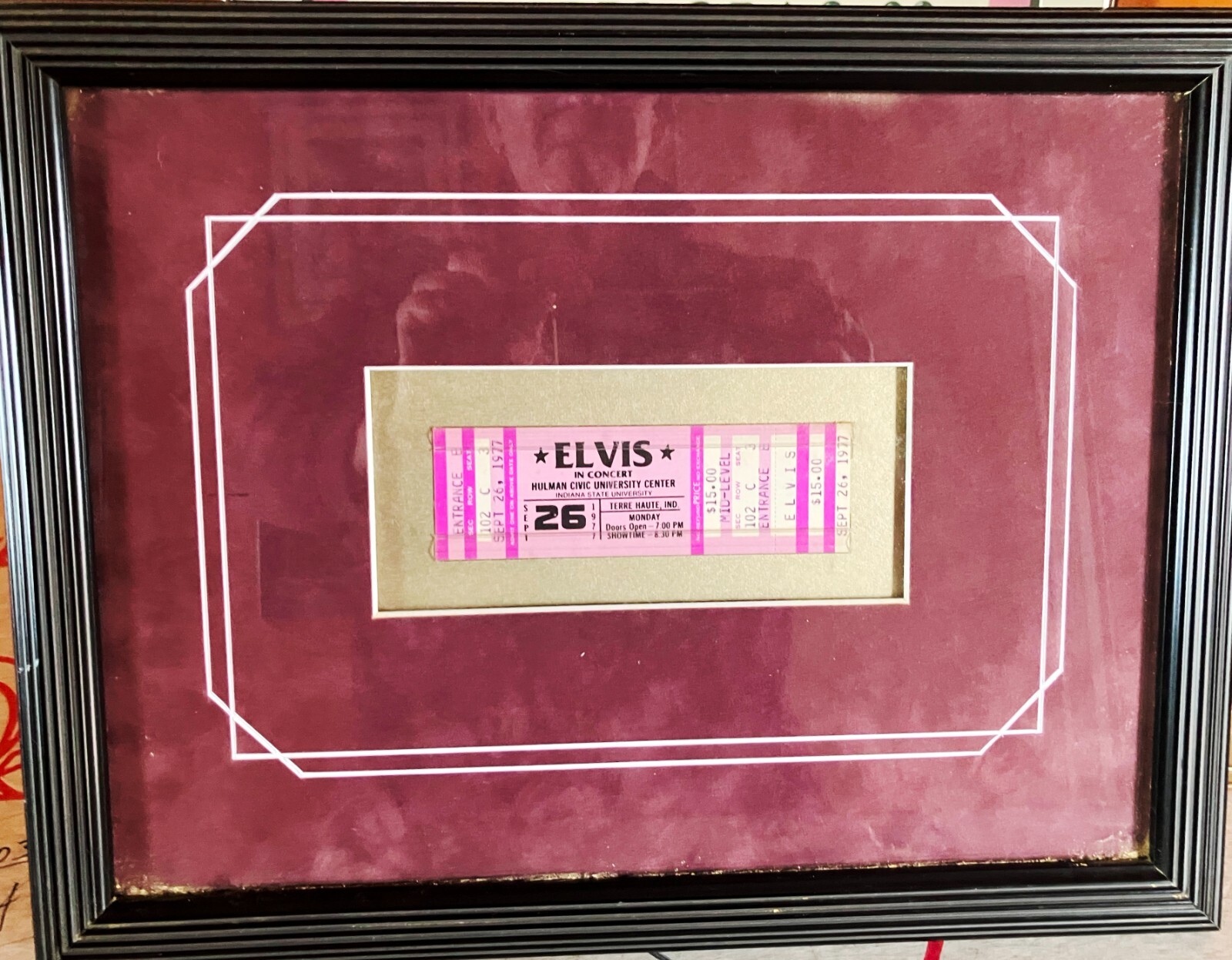 Elvis Presley Concert Ticket '77 Orig Mint Unused Terre Haute IN 09/26/77 Framed