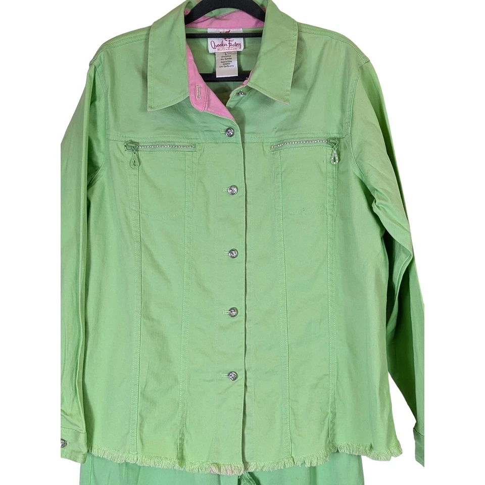 Quacker Factory Women size L Green Rhinestone Jean Jacket Pants Set Y2K Vintage - Image 2 of 4