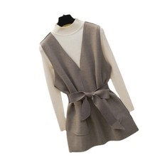 UK Lady Pullover Vest Waistcoat Long Tank Tops Retro Belt Sleeveless V-neck Vest