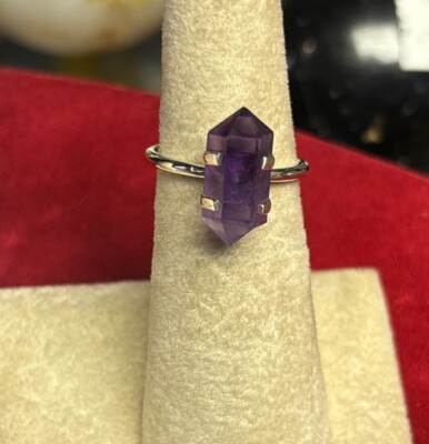 Stackable Amethyst crystal point sterling silver ring size 7