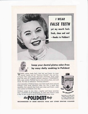 1950's 'False Teeth' Polident 10'' x 6.5'' Paper Advertisement Print Ad E02-111