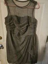 White By Vera Wang Gunmetal Gray Gauzy Sheer Evening Formal Cocktail Dress Sz 16
