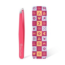 High Precision Slant Tip Eyebrow Tweezers with Leather Case - Unisex, Hot Pink