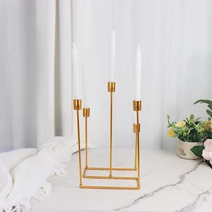 12" Gold 5 Arm Geometric Metal Candelabra Taper Candle Holder Party Decorations - Picture 4 of 9
