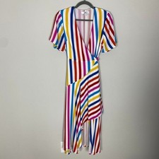 Color Me Courtney Taira Wrap Dress Striped Colorful Maxi Short Sleeves Womens XS