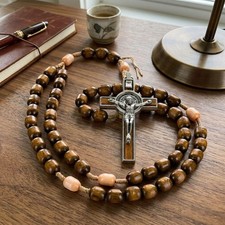 Wooden Rosary Necklace Walnut Bead Catholic Crucifix Prayer Beads Large Cross