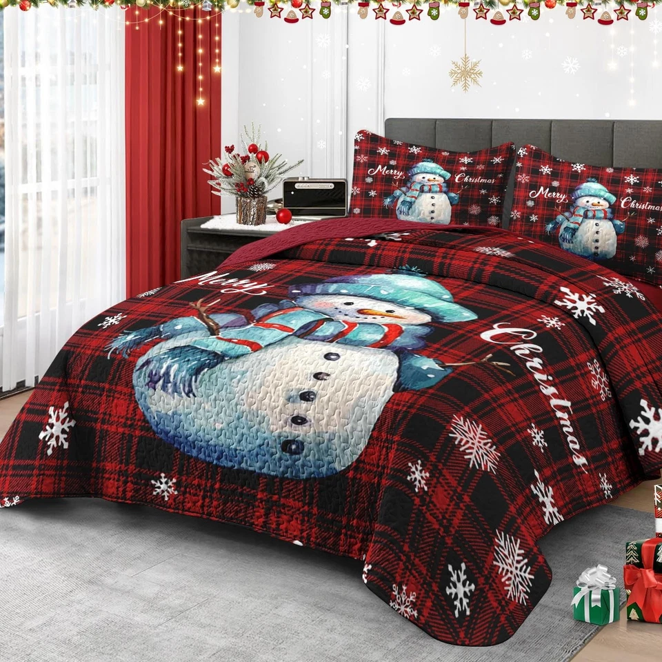 Christmas King Size Quilt Set, Winter Black Red Plaid Lightweight Bedspread C... - Image 2 of 4