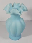 Vintage Fenton Blue Satin Glass Melon Vase with Ruffled Top. 5.5”