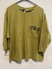Vintage Kenneth Mitchell Top Abstract Pocket Design. Yellow Green. Artsy Sz 18