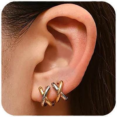 14K Gold Plated X Shaped Hoop Earrings for Women, Minimalist Small Huggie Hoop E