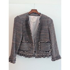 Rebecca Taylor Textured Pink  Navy Fringe Tweed Blazer Size 4