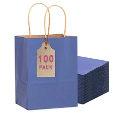 100PCS Gift Bag with Handles Bulk Kraft Deep Blue Paper Bags Multiple Uses (1...
