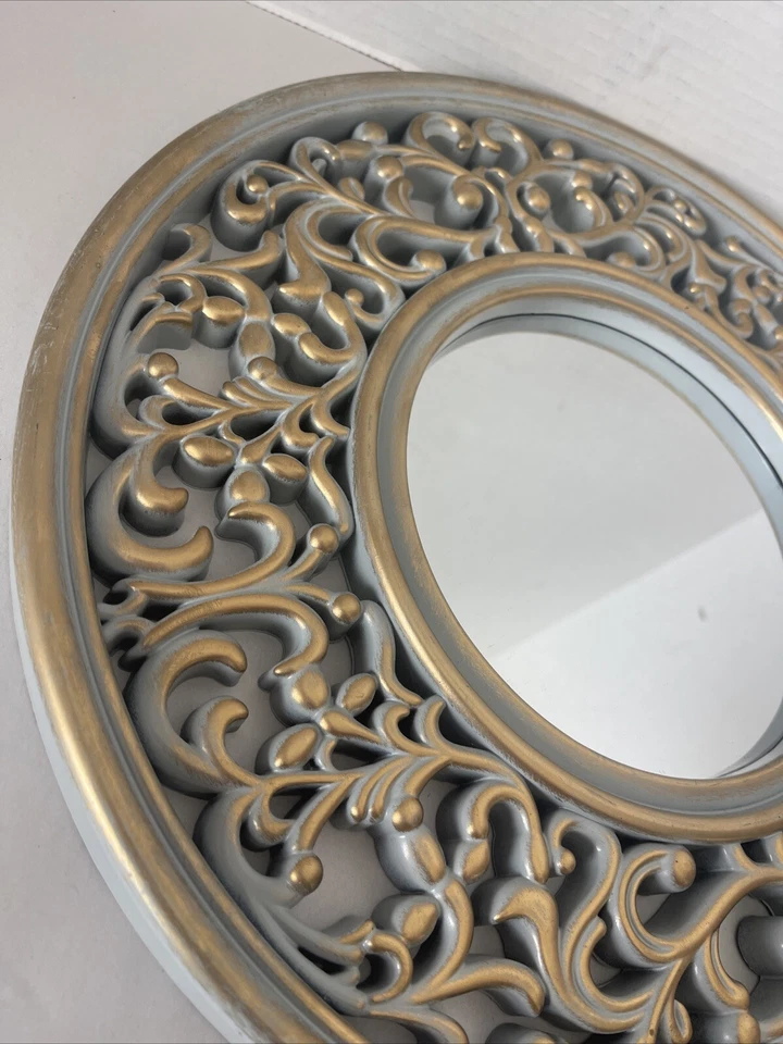 Mirror Wall Accent Ornate Frame Light Gray W/gold Trim 14” Lightweight Plastic - Image 3 of 4