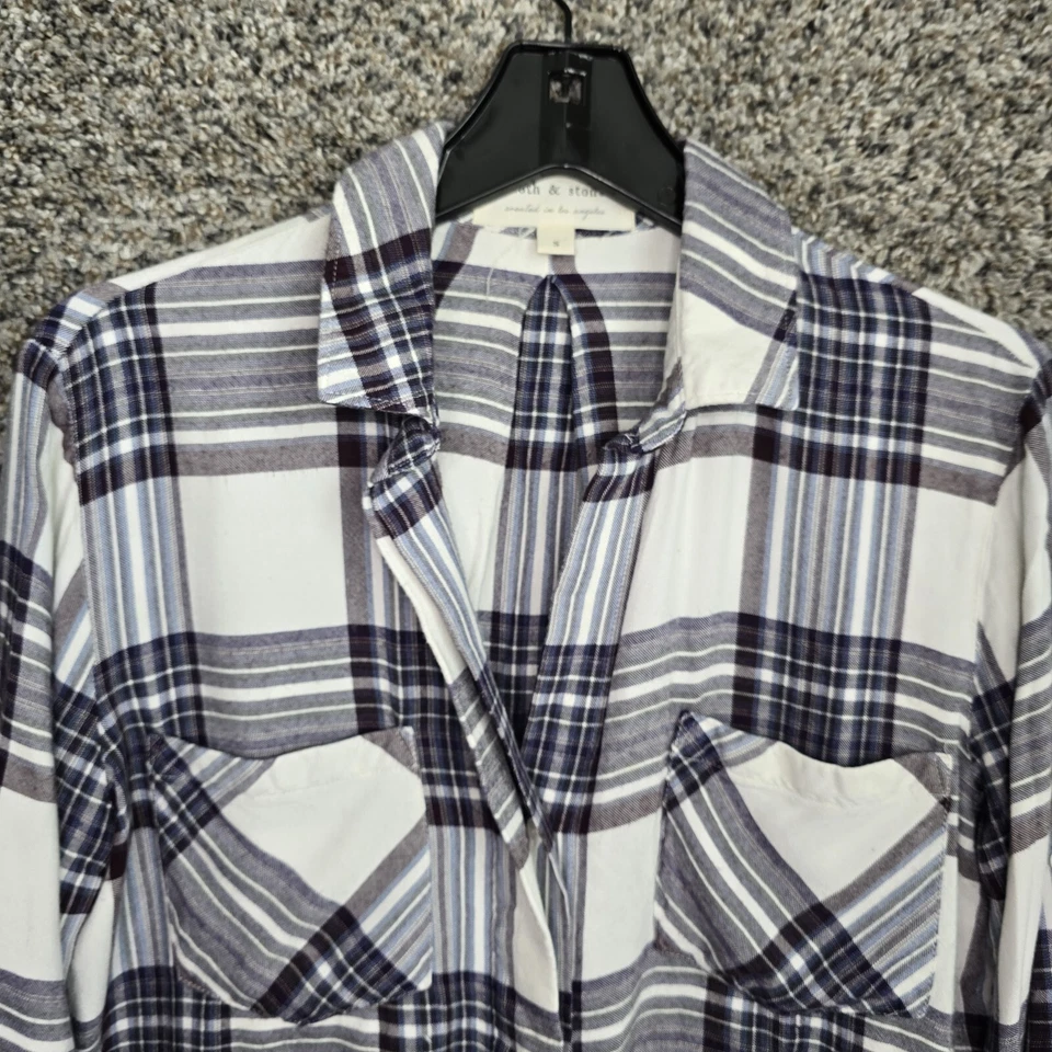 布和石头上衣女式小号紫色格子纽扣人造丝领高低 — 第 4/4 张图片