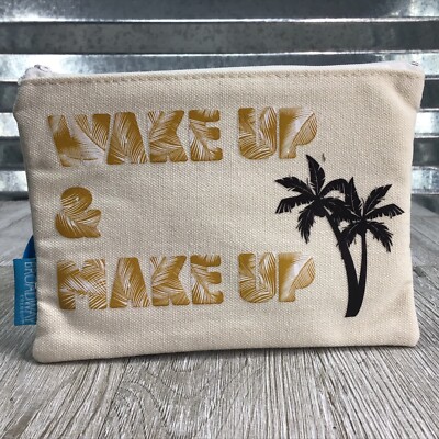 Broadway Small Travel Cosmetic Pouch ''Wake Up Make Up'' Ivory Gold Palm Tree 